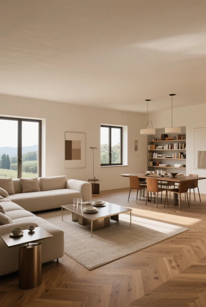 wabisabi livingroom interior, sofa, armchair, table, rug, wood floor, drapes, window, blind, white flat ceiling, stucco wall,natural light, softlight, (flat white ceiling),((masterpiece)), realistic, high quality, sunray,