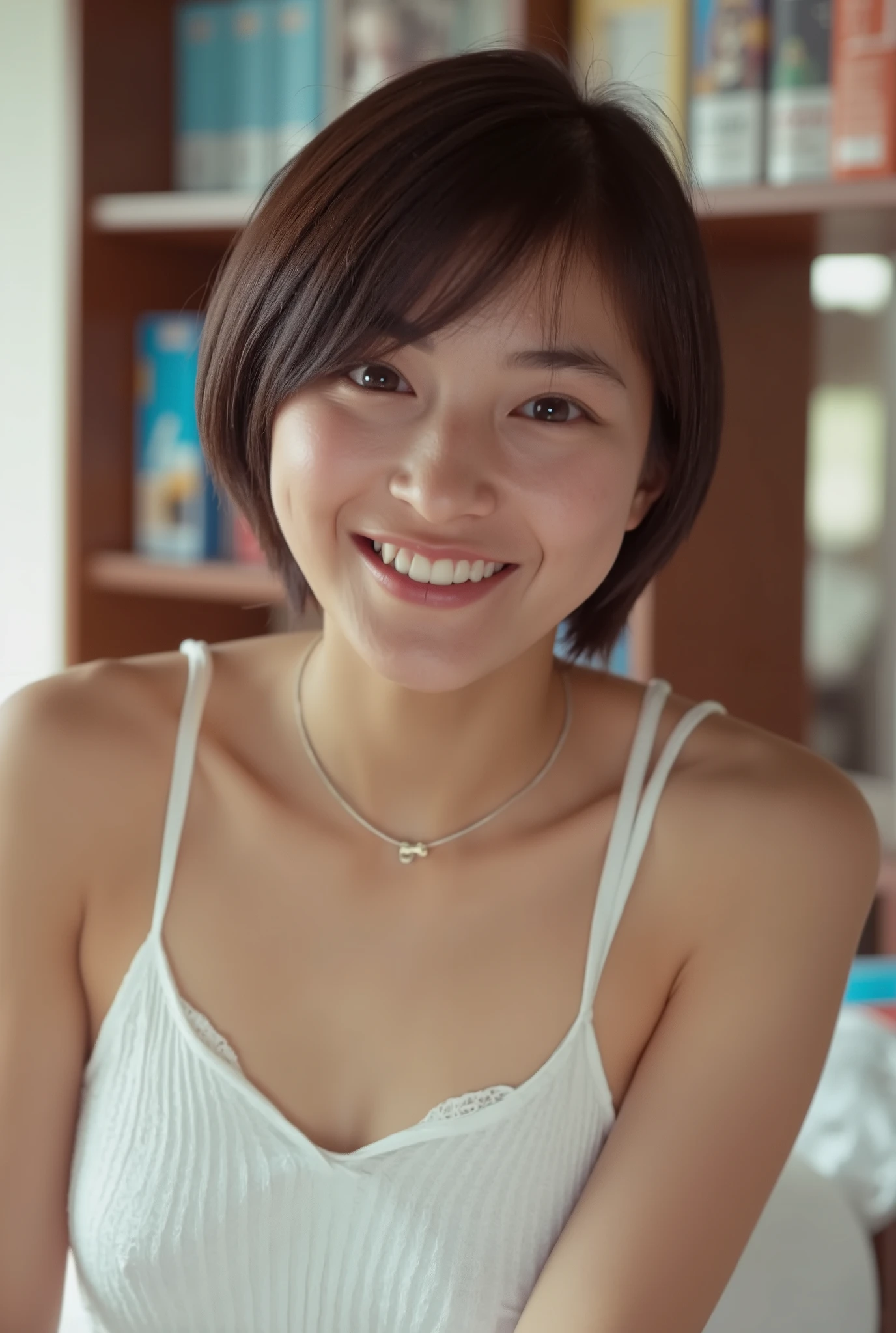 smile:2.0、 (super precise human body structure , Highest Quality 、 RAW photos、8k、32K、masterpiece、 realistic、 Photorealistic:1.37)、images of cute Japanese women removing items from shelves、((underwear))、 shot in natural light、 upper body、 1 girl on break day、photo mapping、 Physically Based Rendering、 excellent image quality、 high definition、1080P、( beautiful face)、( face)、( Detailed description of the handsetter ' muscle area )、( CG Details )、 rich details 、( AMAZING FEATURES :1.35)、( detailed eyes)、I'm looking forward to seeing your eyes、Delicate clavicle、非常にリアルで詳細な若い女性の upper bodyポートレート。 Beautiful skin 、 頬に柔らかなLight is reflected ています.、 Extremely realistic and detailed upper body portrait of a young woman with fine pores and hair roots、 I can see even the thinnest blood vessels 。The skin is smooth、She has a natural flush to her cheeks 、Healthy glow。 eyes are big, clear blue、There is a fine pattern on the iris Mr. .There is、 Light is reflected 、It's shining in the eye。 I have a slight shadow under my eyes 、Extremely realistic and detailed upper-body portrait of a、Naturally Curly。 Extremely realistic and detailed upper-body portrait of a young woman with gentle pink lips 、 Smooth texture that gives off a natural glow 、 焦点は完全に顔とupper bodyに当たっている。 realistic shadows and textures、 Pictorial Description, The nipples are transparent、((belly shorthair))
