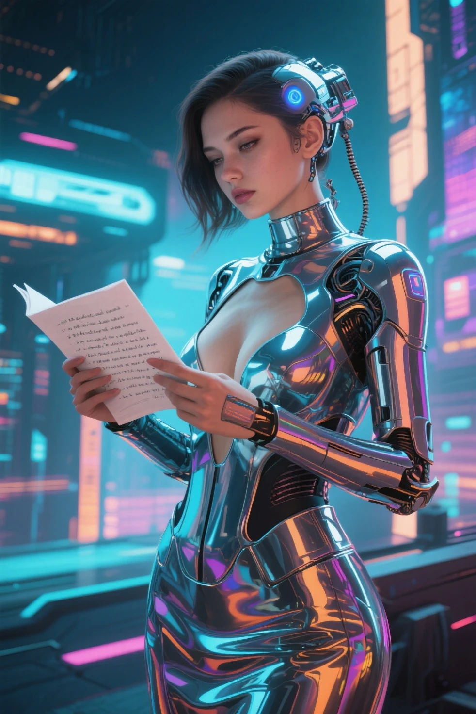 office in a skyscraper in a big city, cyborg woman sits in a luxurious chair and reads a book, Heavy men&#39;s boots, high quality, absurd, masterpiece, Beautiful, complex parts, 1/2 body trimmings, slender body, Beautiful figure, Magnificent Anatomy, (complex parts:1.12), HDR, (complex parts, hyper detail:1.15), (natural skin textures, hyperrealistic, soft light, spicy:1.2)