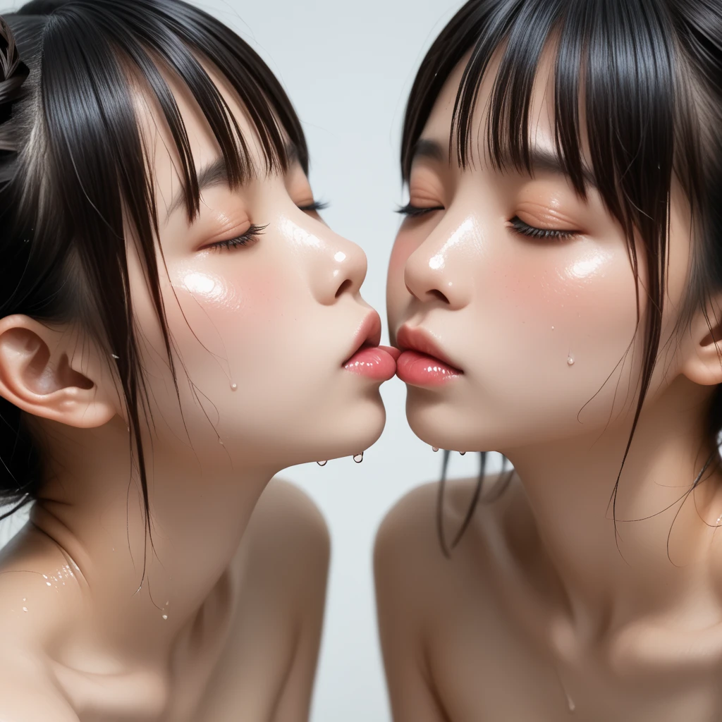 score_9, score_8_up, score_7_up, uncensored, realistic, simple background, gray background,
2girls, beautiful girl, (_child:1.5), short torso, (small female:1.3), (short torso), japanese, black hair, short hair, bangs, brown eyes, oiled, sweat, lotion, skindetnation, shiny skin, large areola, (open eyes:1.2), (drool:1.3), saliva,
white camisole, erect nipples, puffy nipples, (breast grab), nipple slip
standing, upper body, hug, french kiss, (tongue kiss:1.2), deep kiss, head tilt,