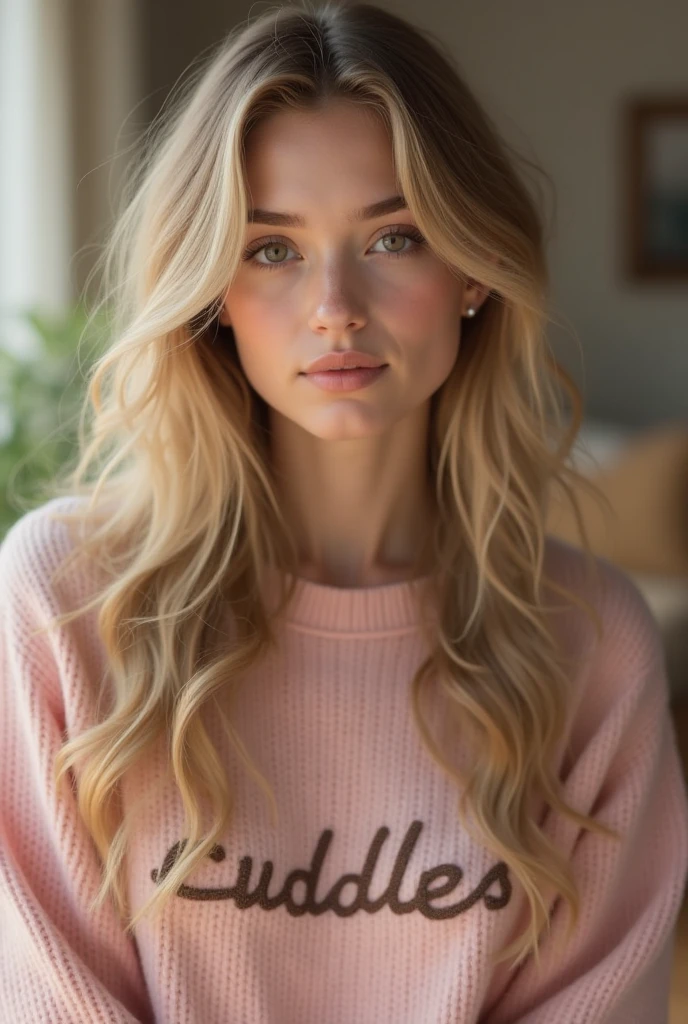 Uma mulher atraente com longo, cabelos loiros ondulados e um sorriso, rosto jovem, meio amarrado, curvy hair, Pink sweater, jeans, absurdo hiper realista, Foto CRU, UltraHD 8K, alta qualidade, film grain, (pele altamente detalhada :1.2)