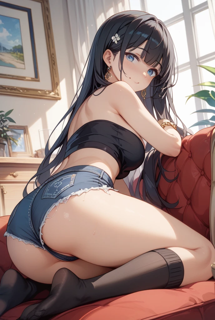 Anime Kawaii y Perfect Slim sensuous body large bred huge thighs, An intricate and highly detailed illustration of anime (Young girl) fullcolor, 1womanl, defined body, Bblack hair, blue colored eyes, breasts brt cloth, equipped diver, Navy color, white blouse, tight, black t-back thong, sensuous, undergarment, Ultra high quality, wall-paper, Living room, big mirror, mirada coqueta, Sweet f.