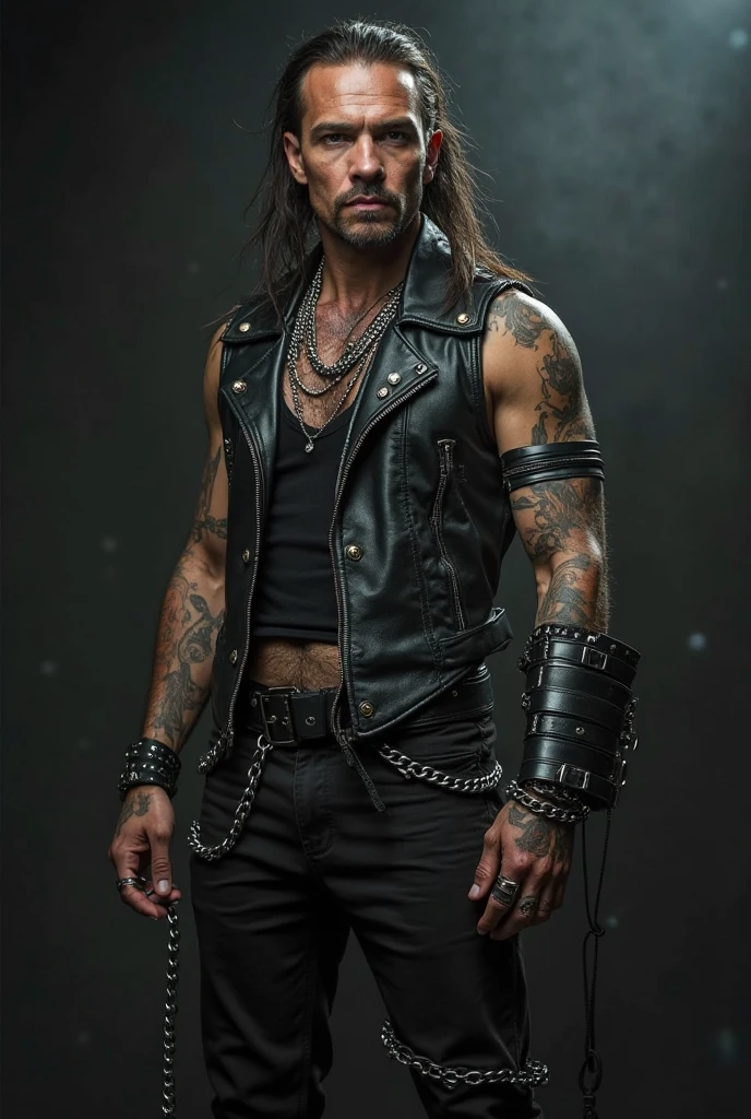 sensual rock star male, black studded sleeveless leather vest, black leather pants, short blond hair, green eyes, muscular shoulder, shoulder tattoo, defiant piercing gaze, defiant pose leaning against a wall in a city alley full of skull pattern graffiti, on a light rainy night