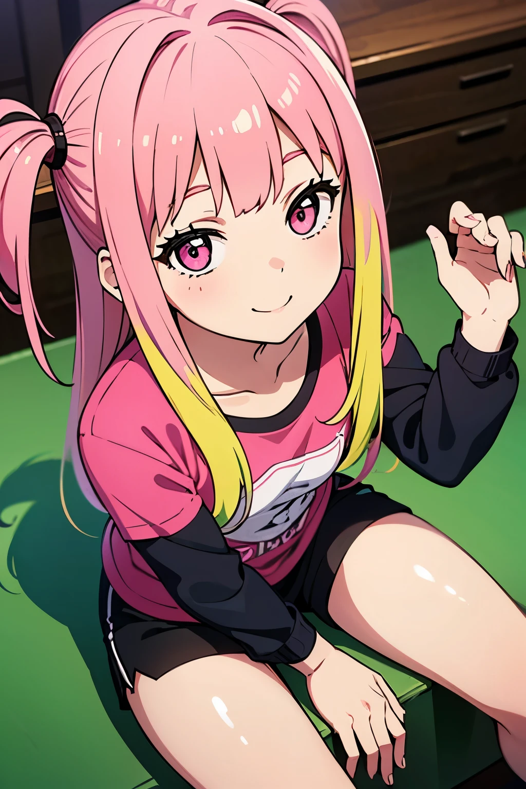 young girl, , long hair, loose and multicolored, black hair and pink hair, wearing a black long sleeve t-shirt and black shorts, smiling discreetly. best quality, hd, obra-prima, detalhado, seen from above