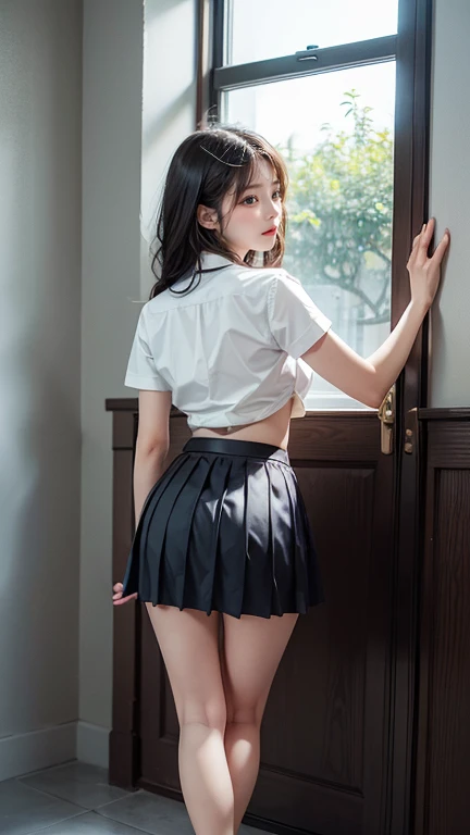 ((highest quality, 32k)), ((masterpiece)), (Familiar), Perfect Face, Girl with donkey ears, School Girl, pretty girl, On the bed, She has a donkey tail growing out of her ass,  She stands her tail,  Small breasts, She is wearing a cute  uniform, A long tail sticks out from her ass, Climbing on all fours, Slender body, She looks shyly at her tail, Her tail pushes up her skirt to reveal her white panties, A tail is sticking out from the hem of her skirt., Surprised face