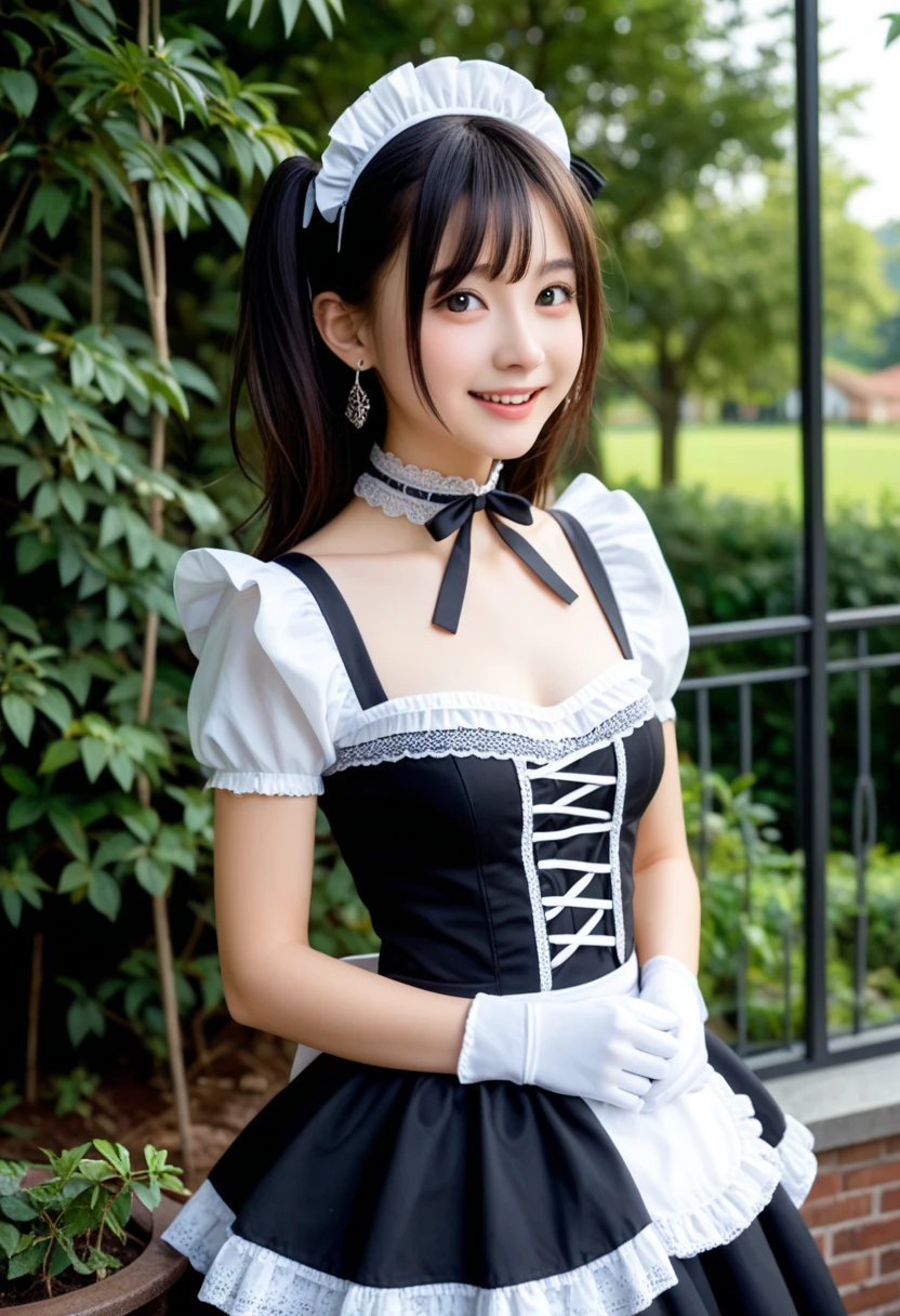 ((whole body)) Cute face like a 15-year-old idol Smiling Kindly Gothic Lolita in Japan Cosplay Frills Cleavage Her hairstyle is twin tails. Hotel Living Room stand morning RAW Photos High resolution Genuine Live Action Accurate depiction Realistic