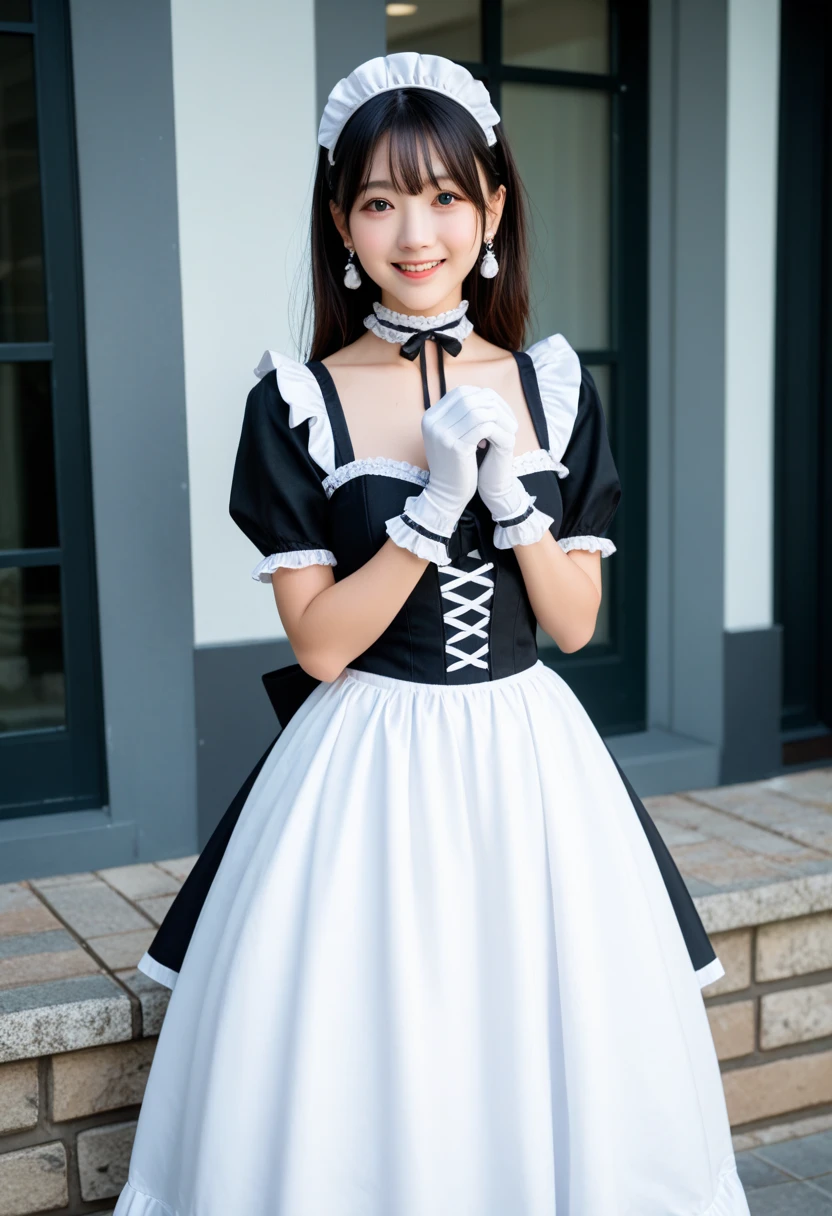 (1 Korean girl), ((best quality, 8k, masterpiece: 1.3)), focus: 1.2, perfect body beauty: 1.4 , (smile), (Street: 1.3), highly detailed face and skin texture, fine eyes, double eyelids, whitened skin, (black straight face: 1.3), (round face: 1.5), (Lolita fashion dress: 1.4),