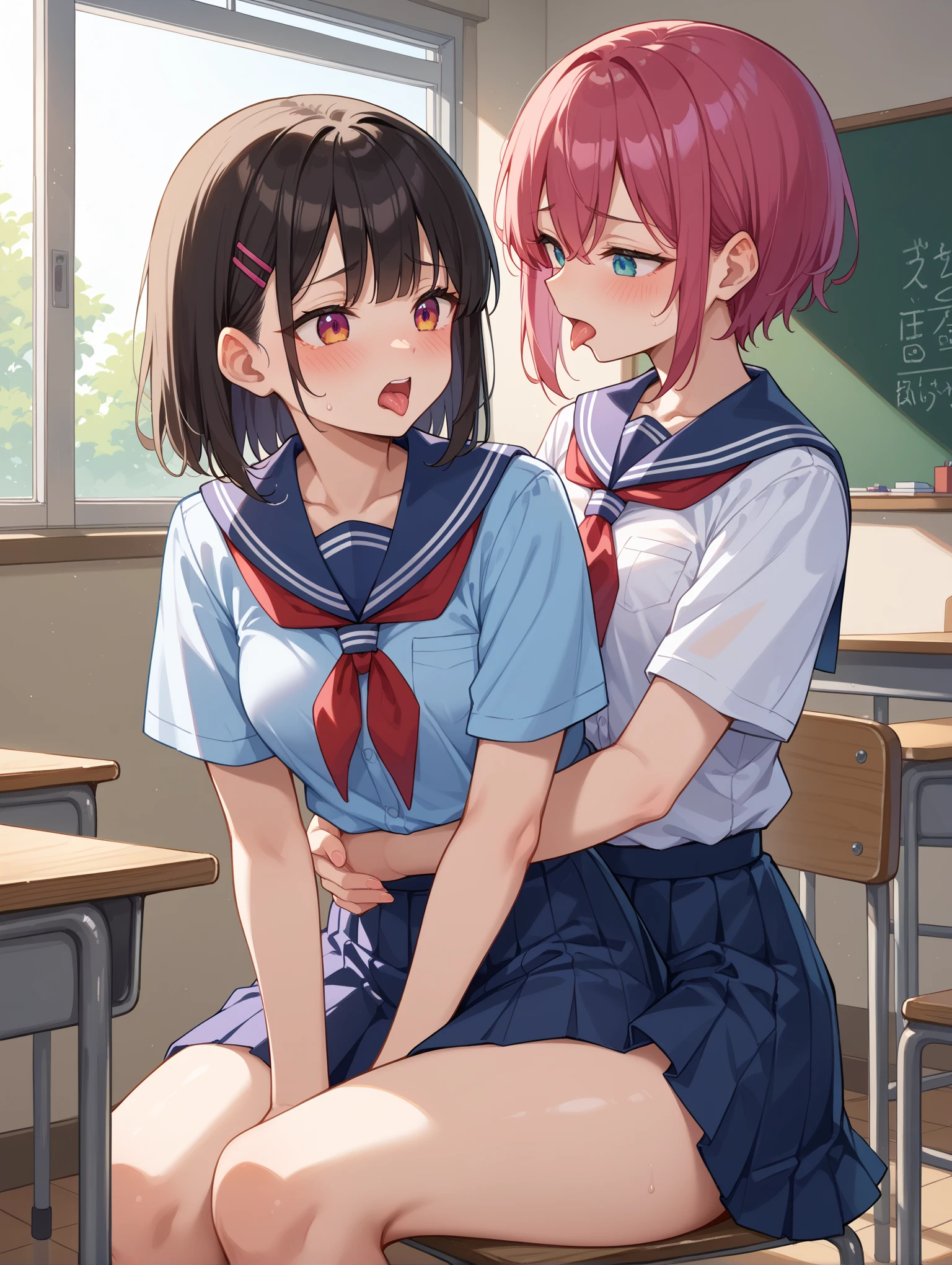 (Cute eyes:1.2), (classroom:1.2),(Beautiful Eyes:1.2), Highest quality,wonderful,finely,Highly detailed CG Unity 8k wallpaper, (Hug from behind:1.5),(Put your hand in the skirt:1.3),(sexual harassment:1.2),(Love juice:1.3),(kiss:1.3),(Two people with height difference:1.5), (Two Girls, Sailor suit, Skinny body, Dressed), (Huge breasts), (Open your mouth:1.1),(White knee socks:1.3),(Thighs:1.3),(Waistline:1.2),(お揃いのSailor suit:1.2),(From behind:1.2),(Beautiful eyes:1.2),(Different hairstyle),(They both have different eye colors:1.5),(They both have different skin colors:1.5),(Thighsまで隠れるニーソックス:1.2),(Very short skirt:1.3),(Arms don't stick together:1.2)