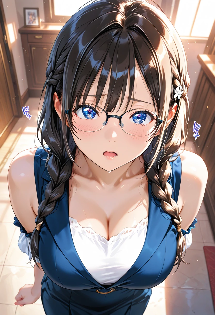 masterpiece, highest quality, High resolution, (1 Girl), masterpiece, highest quality, High resolution, (cum on breasts and cum on face:1.5), marimakinami, Mari Makinami, Long Hair, Brown Hair, Twin tails, (low Twin tails:1.5), hair band, blue hair band, blue eyes, (Parted bangs:1.5), Glasses, Red frame glasses,