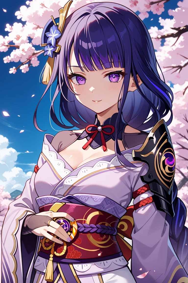 masterpiece, Best Quality, 1 girl, Alone, Shogun Raid, mature woman, japanese clothes, wad of bills, purple eyes, heart, bridal gauntlets, mole under the eye, looking at the viewer, by the wide, purple hair, hits, mole, hair ornament, smile, wide sleeves, kimono, off the shoulder, sakura trees background, sakura trees, Leaves falling, smiling, long sleeves, Tomoe \(symbol\), armor, Obiage, PURPLE NAILS, Vision \(genshin impact\), Mitsudomoe \(form\), side locks, blunt hits, braid, big breasts, Love,