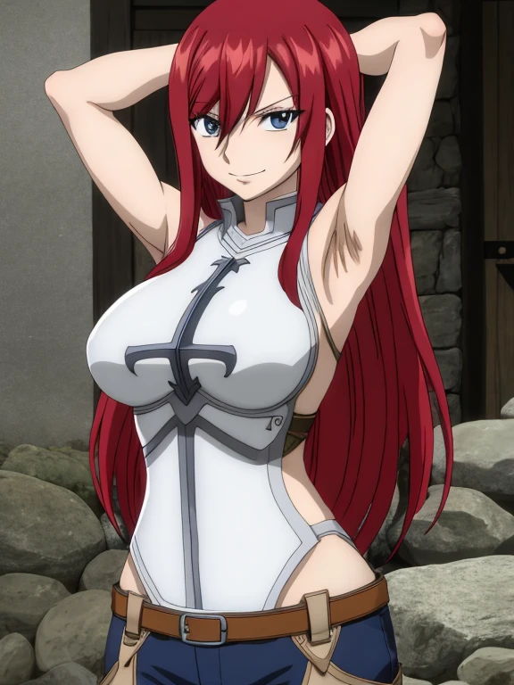 masterpiece, best quality, highres, anime style, anime official art,fairy tail, 1girl, long hair, red hair, ponytail, hair over one eye, brown eyes, seductive smile, large breasts, wearing full armor