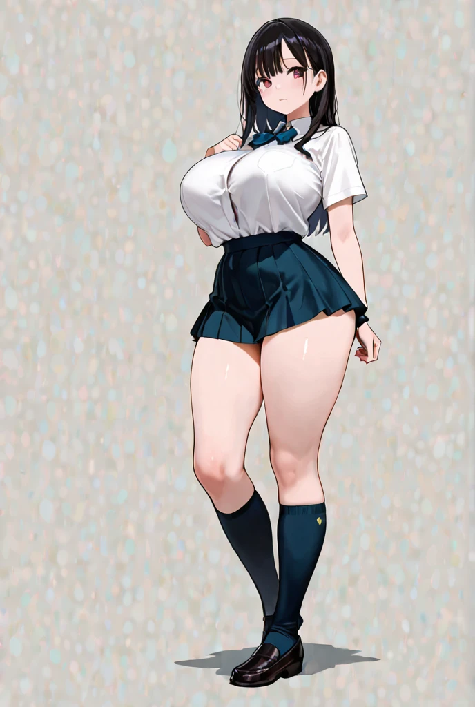 high res, ultra realistic 8k CG, unparalleled masterpiece, absurdres, Takarada Rikka, blue eyes, white long cardigan, white shirt, black skirt,red bow, white panties, curvy, nallow waist, ((thick thighs, plamp thighs, voluptuous thighs)), small breasts, (wide hip), (((standing))), ((simple background)), full body, from side:1.3,