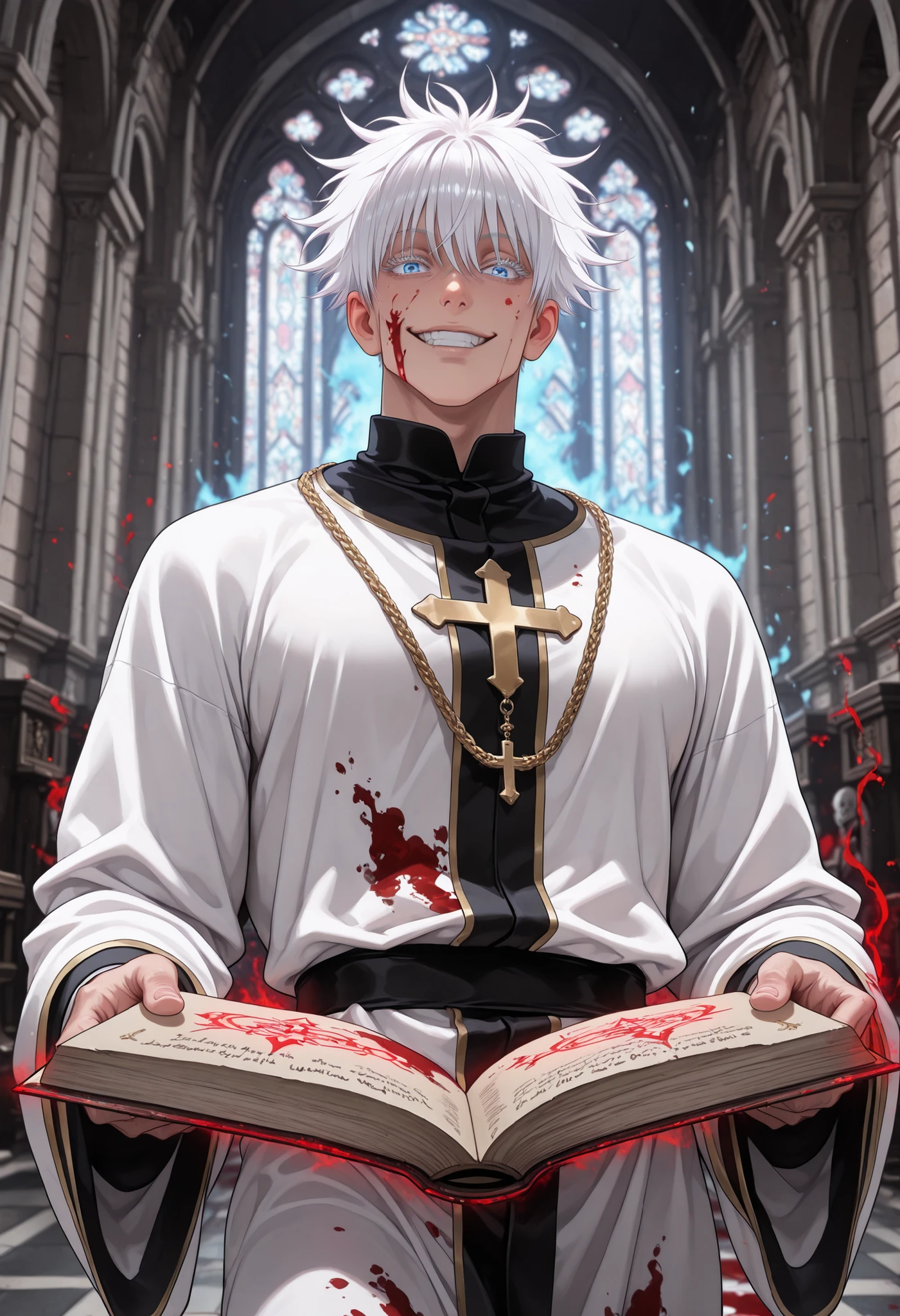 1man, gojou satoru /(jujustu kaisen/), detailed eyes, blue eyes, white hair, short hair, detailed eyelashes, colored eyelashes, sexy man, trained body, muscular, handsome, cool, mature man
strong jaw, attractive, sexy, perfect eyes, attractive long eyelashes, smooth and well-defined face, depth of field, beautiful detailed eyes, game graphics looking at the viewer, dark church background, white robes, golden embroidery, cleric, priest, cross, long robe, lunatic, evil smile, evil eyes, mad, covered in blood, blood on face, blood on clothes, deranged, evil, shadows, blood aura, evil magic, dark magic, holding grimoire, casting spell, magic circle, blood on hands, blood splatter, wind, blood runes, black fire, ((4k, 8k, Ultra HD)), ((Masterpiece :1.2)), ((Best quality :1.2)), ((Detailed :1.5)), ((Detailed background :1.5))