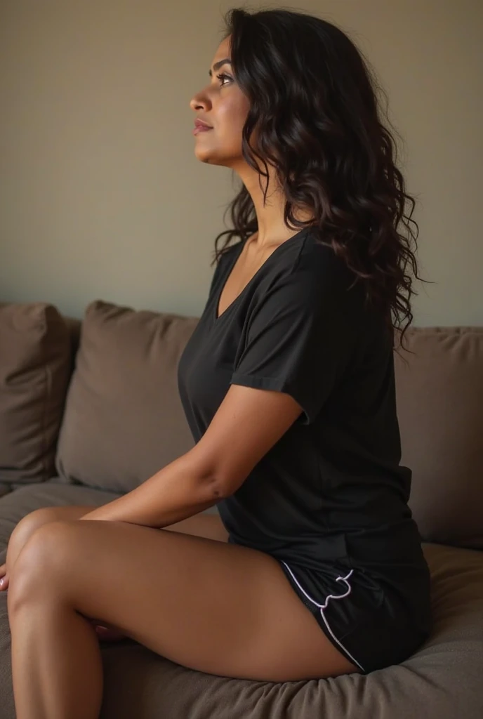 Create a Indian women image in leggings sleep on sofa full body image close image tight leggings and open legs showing his pussy 