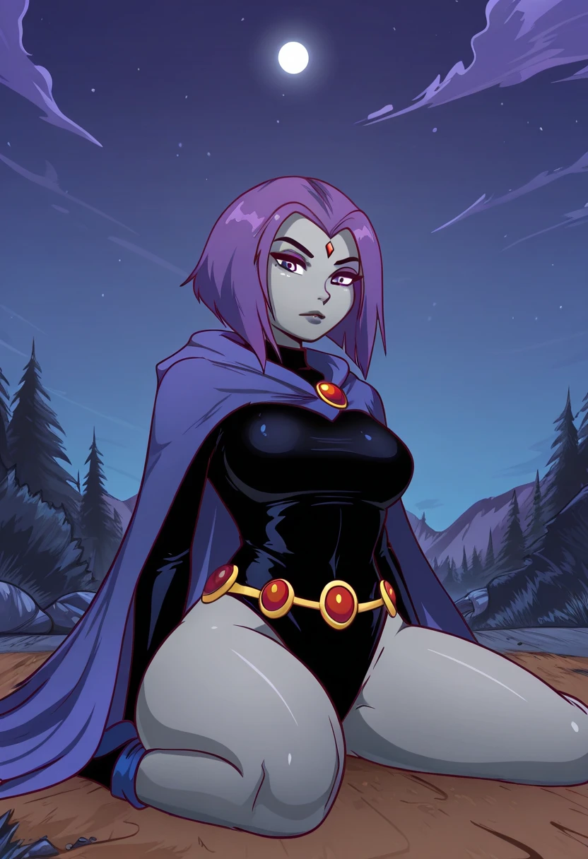 (solo:1.1),(masterpiece), (best quality:1.3), ultra detailed, intricate, professional art, digital art, absurdres, shadraven, (Full body view:1.1), 1girl, solo, (grey skin:1.4), dark purple hair, bob hair, purple eyes, hips wider than shoulders, pear shaped body, jewellery, detailed thighs, thick thighs, red jewel in forehead, jewels, (long sleeved turtleneck leotard:1.3), cuffs, small breasts, (shadraven cloak), (Shadraven broach:1.2), Shadraven jewel belt, Shadraven wearing a long sleeved leotard outside at night, long legs, ( long crotch bulge:1.4), large penis, large testicles, side view, looking at viewer, bubble butt , gluteal crease, universal lighting,,
