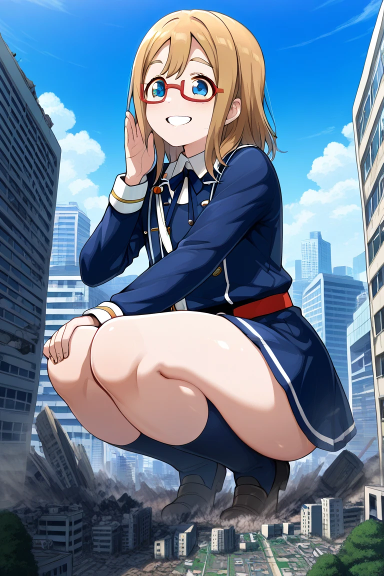 hiquality, tmasterpiece (One girl in kindergarten) cute face, A smirk with teeth on his face, blonde hair with two short ponytails and a hair band. Blue eyes - children's bright clothes. panty, Barefoot - the background of the giantess, GTSCity, The city. building.