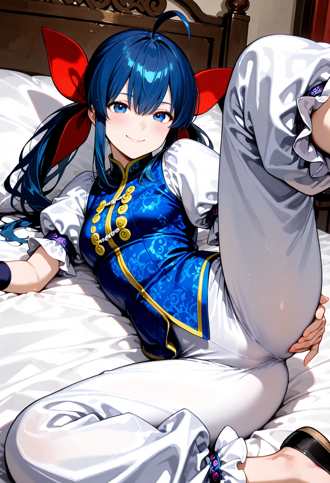 masterpiece, best quality, amazing quality, highres, absurdres,futaba hotaru, long hair, blue hair, twintails, hair bow, hair between eyes, sidelocks, ahoge, chinese clothes,blue vest,white puffy short sleeves, wristband, baggy pants, flats,smile,upper body,lie on side, spooning, (spread legs),