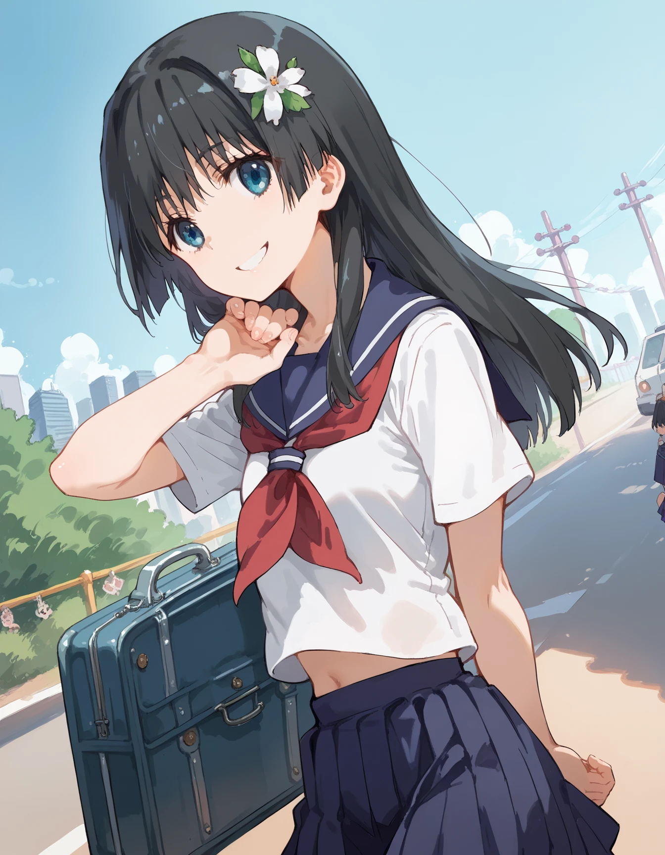 Japanese blue haired schoolgirl teen sitting on a bench while she sticks a black ????? in her vagina anime style