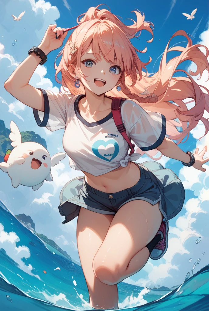 1girl, ultra high res, shorts, smile, open mouth, large chest, cleavage, perspective is from below, girl is looking down at viewer,