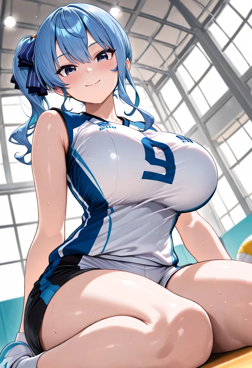 Sheer tank top、Big Tits、Transparent nipples、Sheer skirt、pantyhose/stockings、Cheerleader、Volleyball court、Ocean、Pussy line、Blue Hair