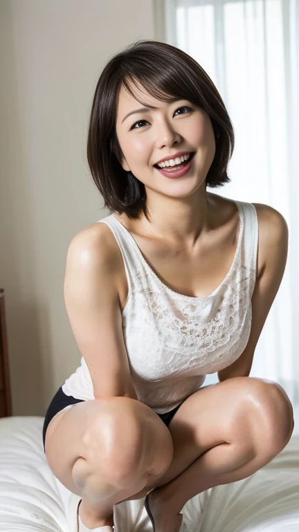 ((highest quality, 8k, masterpiece, Portraiture: 1.3)), (View your viewers),Realistic, Sharp focus, 1 Beautiful Japanese Mature, ((Wearing only a camisole, Only white panties)), No bra, 40 years old, Short wavy hair, ((Legs wide open:1.5, Sit with one knee raised:1.5, Show your crotch)), (Loose waist:0.5), Room of Darkness, (Open your mouth:0.7),