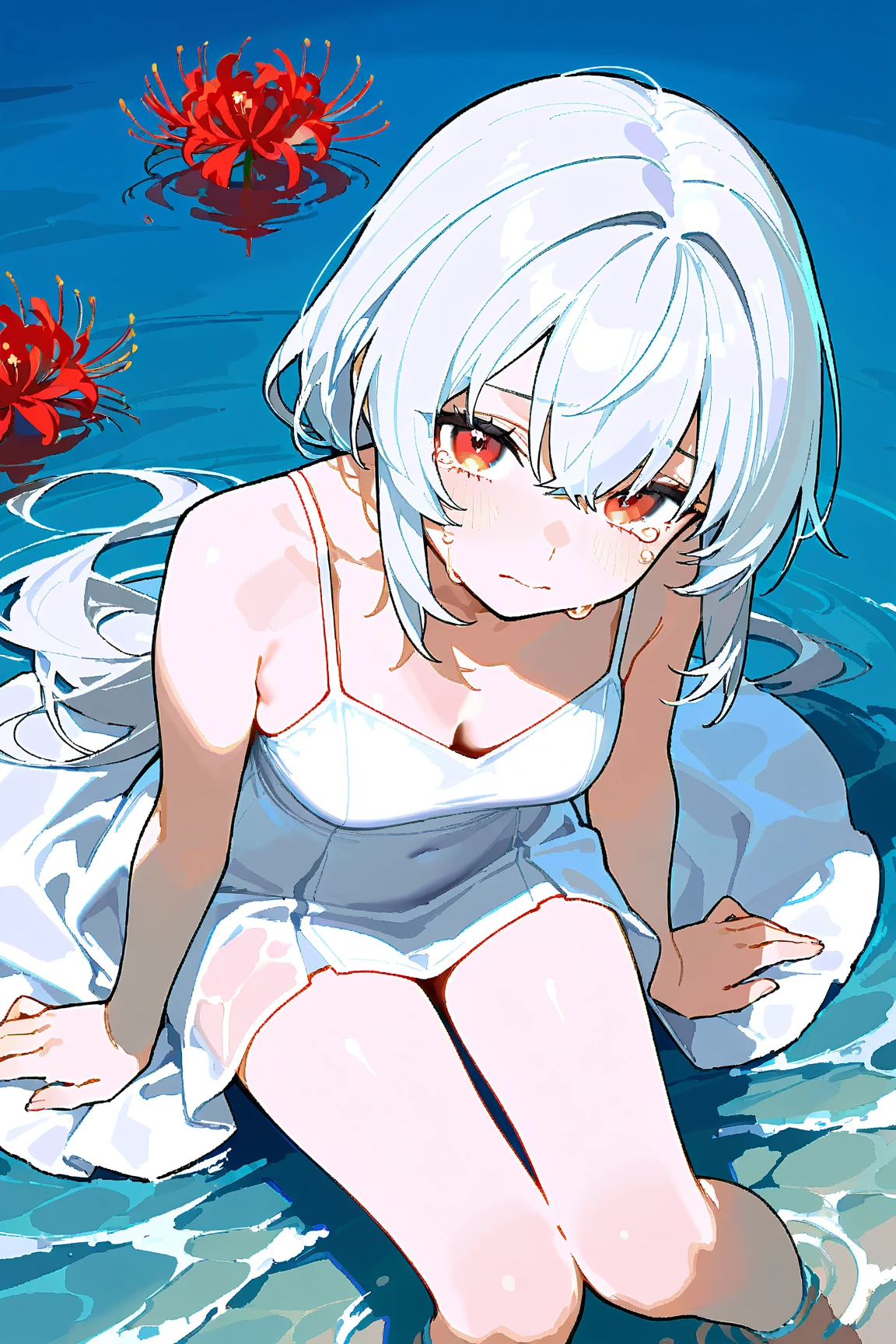 did vaporwave style, solo, 1girl, female, water, white background, red eyes, simple background, from side, glitching, smoke surrounding her, in tatters, score_9, score_8_up, score_7_up, score_6_up, score_5_up, score_4_up