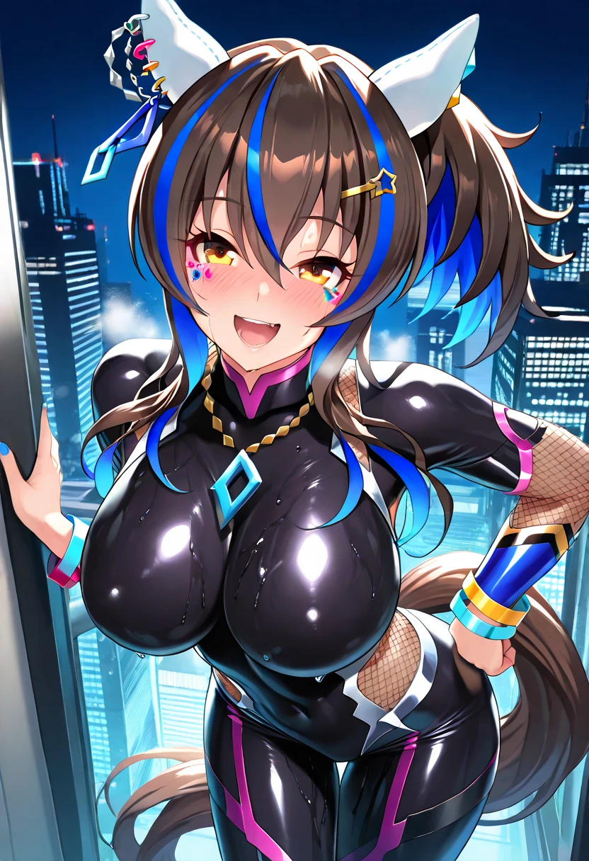 ((masterpiece)),((Highest quality)),High resolution,Highly detailed CG,Perfect lighting,8k wallpaper, One Girl, (Daitaku Helios \(umamusume\))、Very large breasts、Thick legs、smile、Bodycon、魅惑的なsmile, blush、Highly wrinkled, shiny clothing that reflects light, latex, Fits perfectly against the skin