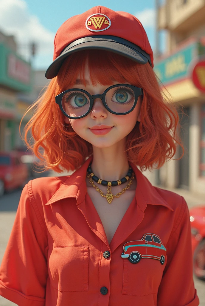 Portrait of a 20 year old Russian girl with long, straight red hair,wearing glasses and watches, wearing a green t-shirt and gray jeans, and wear a knitted hat, wearing a scarf around the neck ,was leaning on a red antique bajay vehicle as well,and the bajay is intricately patterned with writing using paint ,