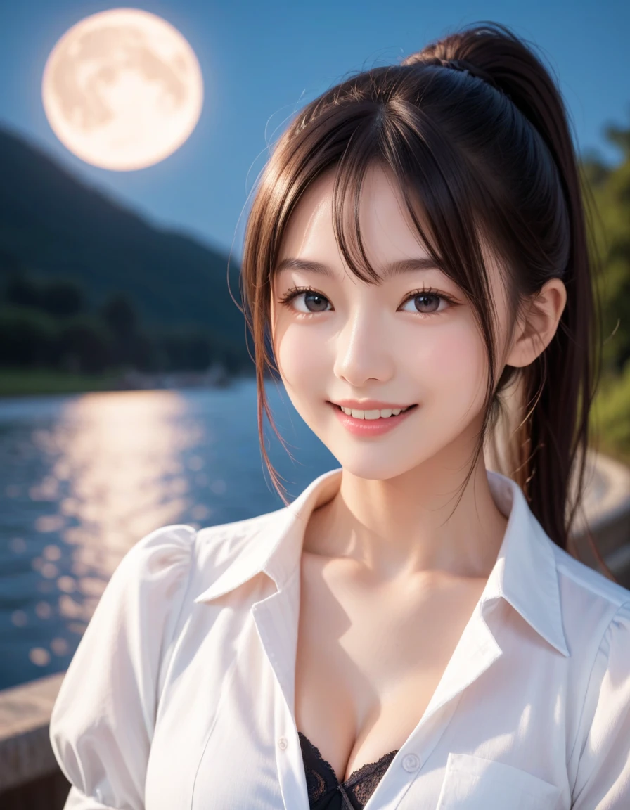 Kimono beauty, body portrait, 8K, thin and beautiful eyes, Dindal effect, masterpiece, top quality, high quality, high resolution, very detailed photo, (natural skin texture, fine skin, hyperrealism, super sharpness) , high detail skin, (very fine, fine skin texture, intricate details, ponytail, beautiful face, (real-like face), realistic eyes, beautifully detailed eyes, realistic skin, beautiful skin, hyper reality target, highly detailed, golden ratio, smiling eyes, ((night moonlight background) )), body portrait, G cup, big breasts, huge breasts, big breasts, glamorous,