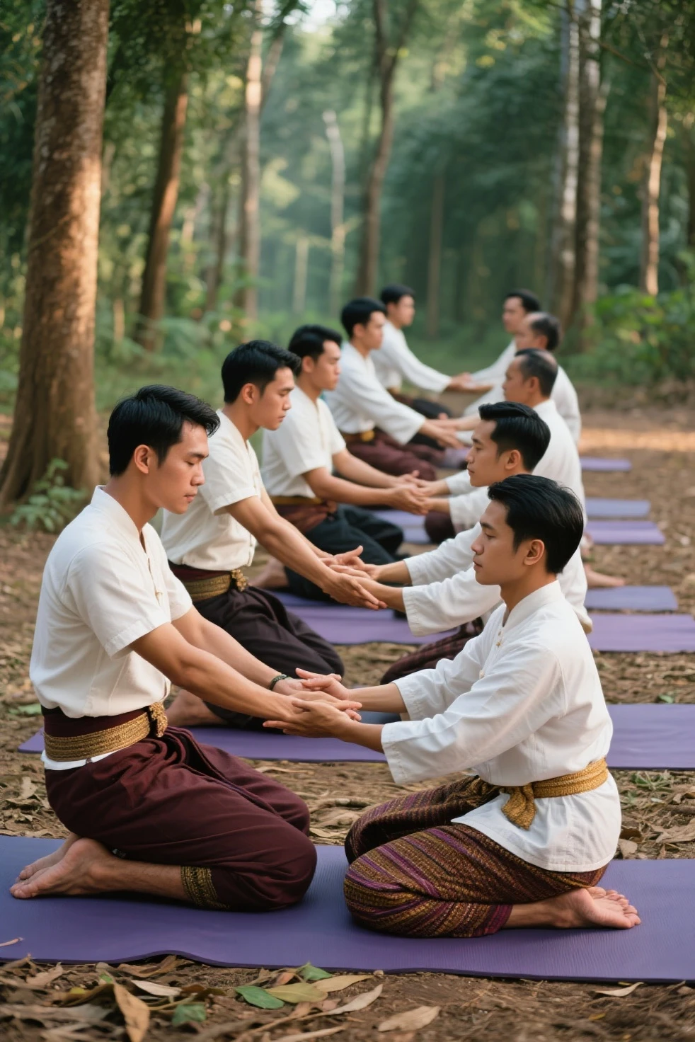 In the garden, a woman with a black headscarf, black baggy sweatpants, white long sleeve t shirt, barefoot, sexy and skinny woman. Man lying on his stomach in front of woman. Woman puts her foot on the front of man's pants.