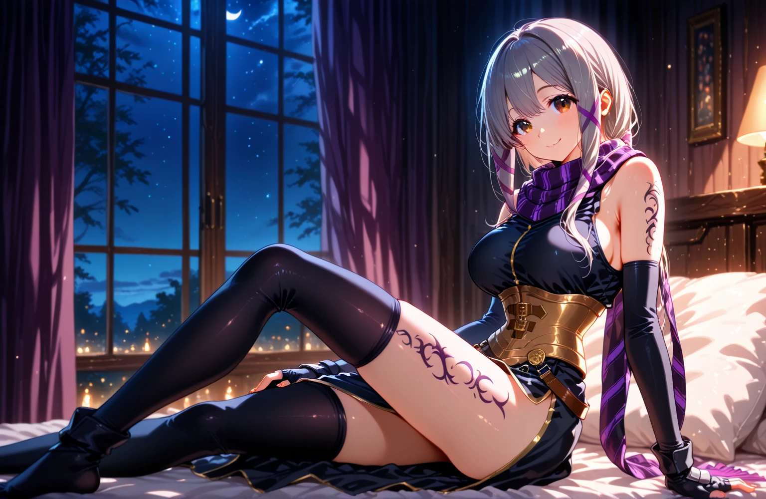((top quality, 8k, masterpiece: 1.3, ultra hd, high quality, best quality, high definition, realism)), sharp focus: 1.5, Beautiful girl with thin and skinny body, small breast, purple hair, purple eye color with light gradations, Erotic face expression, Mouth open slightly, Both eyes closed slightly, Sweaty wet body, Small breasts, Abs, Erotic cowgirl position on bed, Armpit, Cleavage, Camera angle from below shows her pubic, The pubic shape is clearly visible, Both legs opened wide showing her pubic, bewitching Thighs.