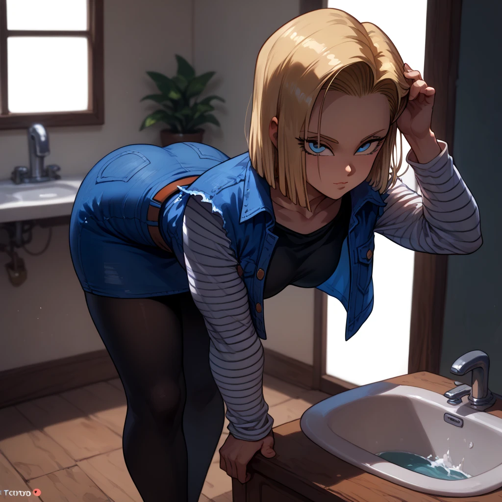 night lighting, blonde 26 years old woman, punk rock style, undercut shaved hair in one side, punk rock make up, posing in toilet, showing her red thong while looking back at me, on all fours, bending over