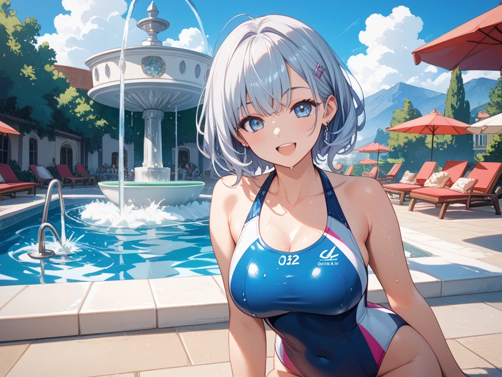 High level image quality best image quality 8K adult woman pool party rain palm trees more colors whole body view portrait bikini horn ears short hair((shortcut)(gray hair)(perm)(fluffy)) eye color is blue , , attractive evil face , smile , sexy pose , labrynth , arm crossed , barearm , wearing white shirt , sitting on person by the pool , crossed legs , all wet , wet hair , view foot arc