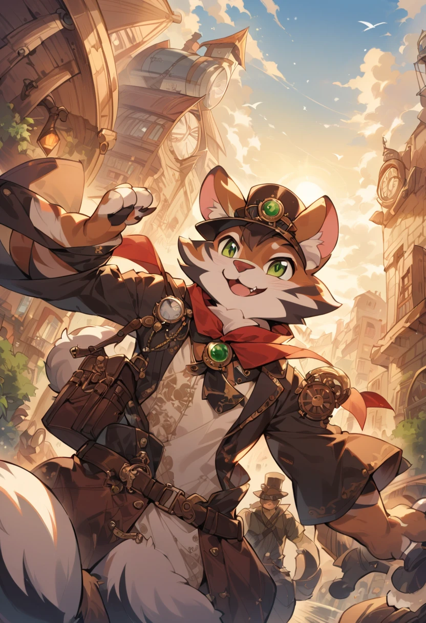 cover_page, highres, top quality, best quality, paid reward available, High-quality illustrations, unparalleled masterpiece, perfect artwork, absurdres, super high resolution, detailed background, Steam punk, Beautiful World Heritage, 6+boys, 6+girls, Happy, joyful(Photos of solo travelers)(kemono, furry anthro)cinematic lighting, dynamic angle,