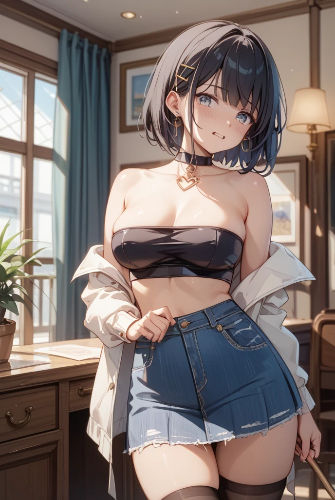 A high school girl with short cut hair wearing a uniform opens her blouse and takes off her bra to seduce her