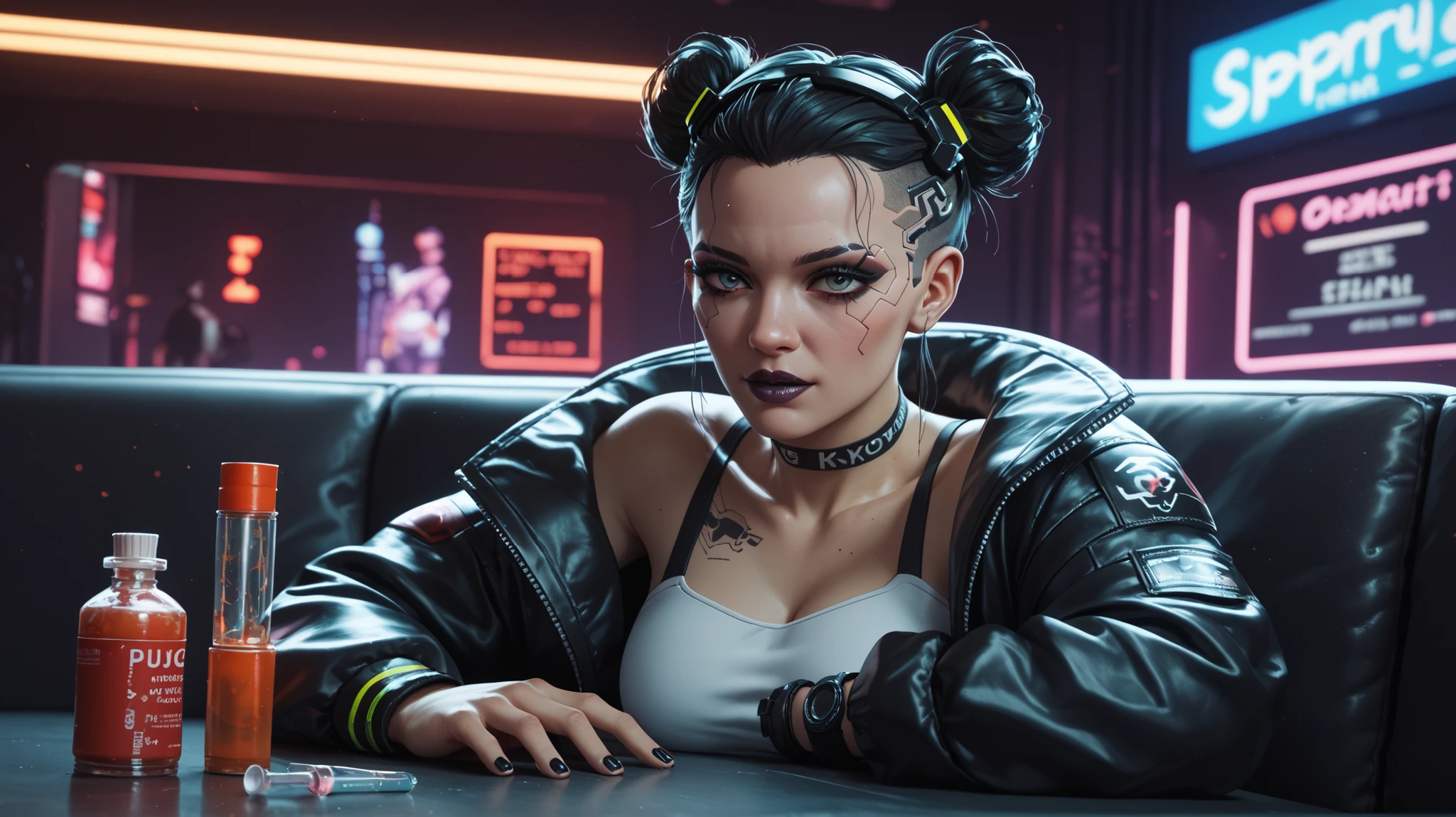 cyberpunk 2077 bio terrorist, dark puppetier, drug production underground facility, shadowy black, grey, noir