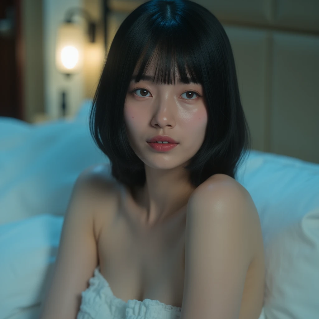 Cute Japanese Gentle smile 20-year-old Exposed Skin camisole Lying on the bed Taking a selfie with his right hand A female college student's room Lovely bed The room is dark at night 8k Black hair shoulder length bob cut Smaller lips Big Eyes Thin eyebrows Thin woman Bust is 86cm