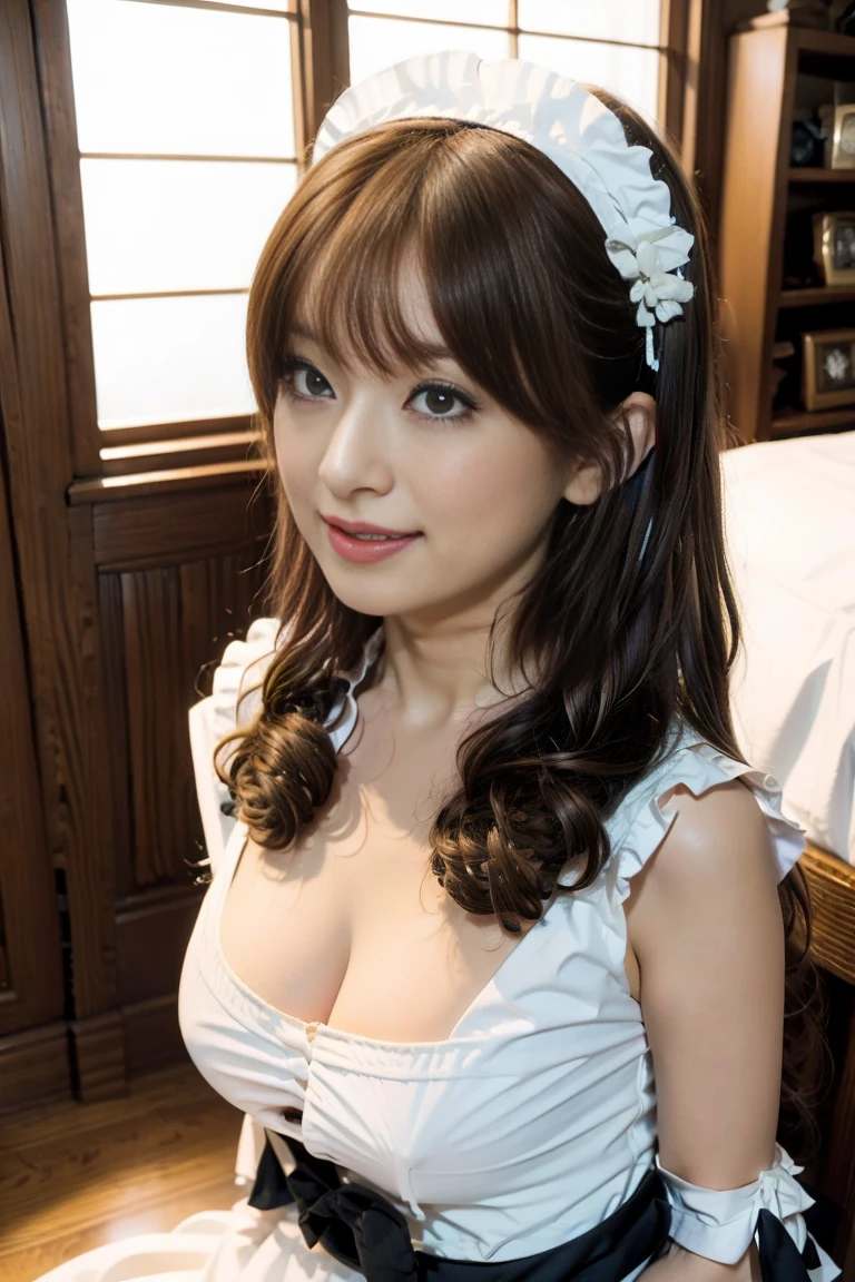 With bangs、women sexy、smile、(big breasts)、portrait lighting、(Luxury Maid、Maid clothes、maid Cafe、Red and black Maid clothes、Ruffled apron、headdress、white brim)、Ocean、((cleavage))、15 years old、detailed face and eyes、masterpiece、highest quality、gal、、sexy pose, gal、Place your chest between your arms、V腕、chest to chest、firm chest、put your hands on your knees、twin tails、(leaning forward)、Beautiful silk blonde hair、cute face、emphasize