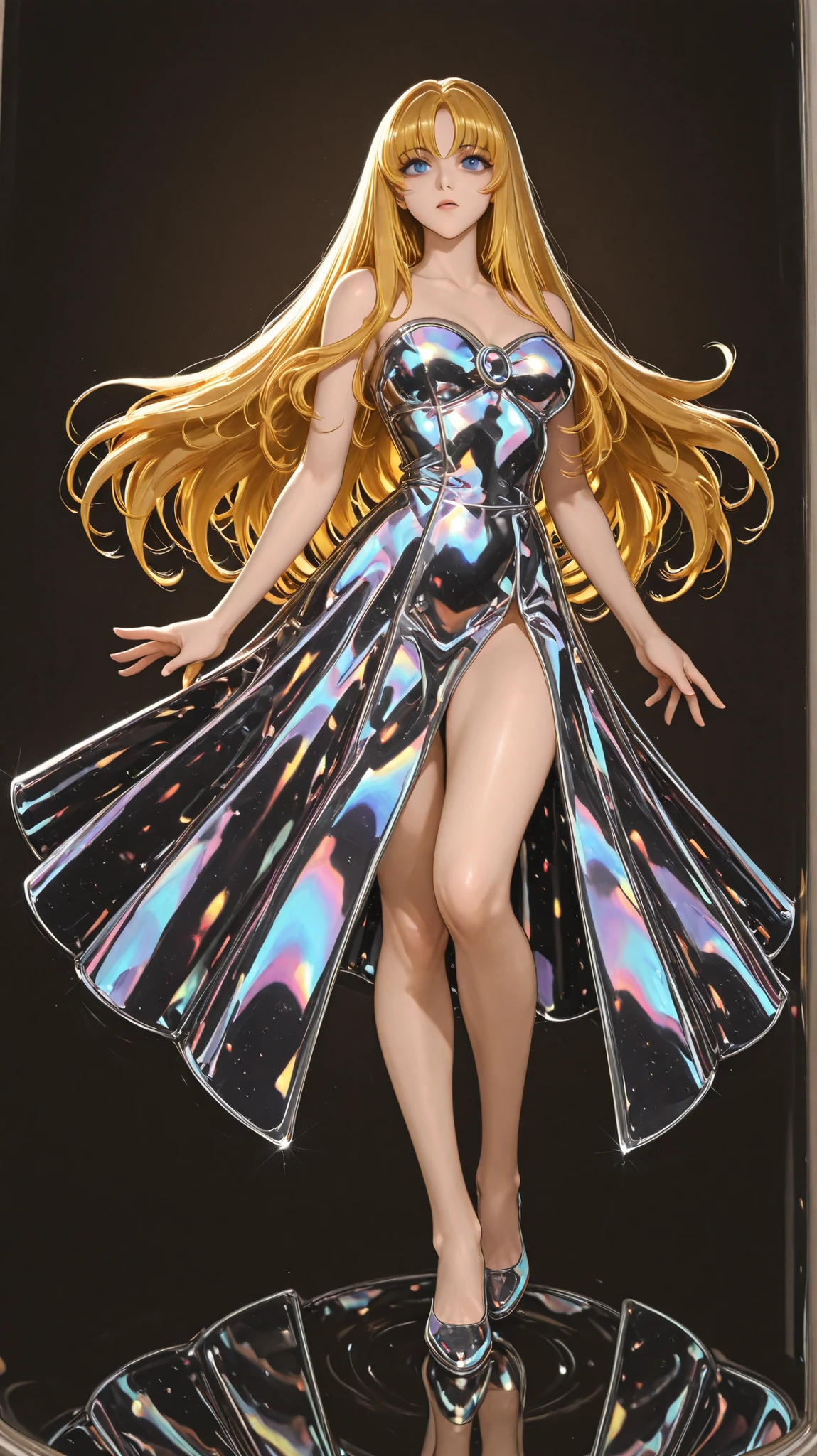 Spectral glow: 1.3), dark magic girls .
(masterpiece, Top quality, wallpaper 8k, detalles intrincados, reflections),
(soft lighting, Study shot, simple background, full body angle, anatomically perfect hand, five fingers, beautiful),
(a full body girl, alone, long hair, blond hair, blue eyes, pecho mediano),
(With glass dress and shoes, prismatic dress, Very detailed, bare shoulders, dress bathed in light, prismatic iridescent glitter, spectral lights. dark magic girls . sexy pose. pose sexy. full body shot