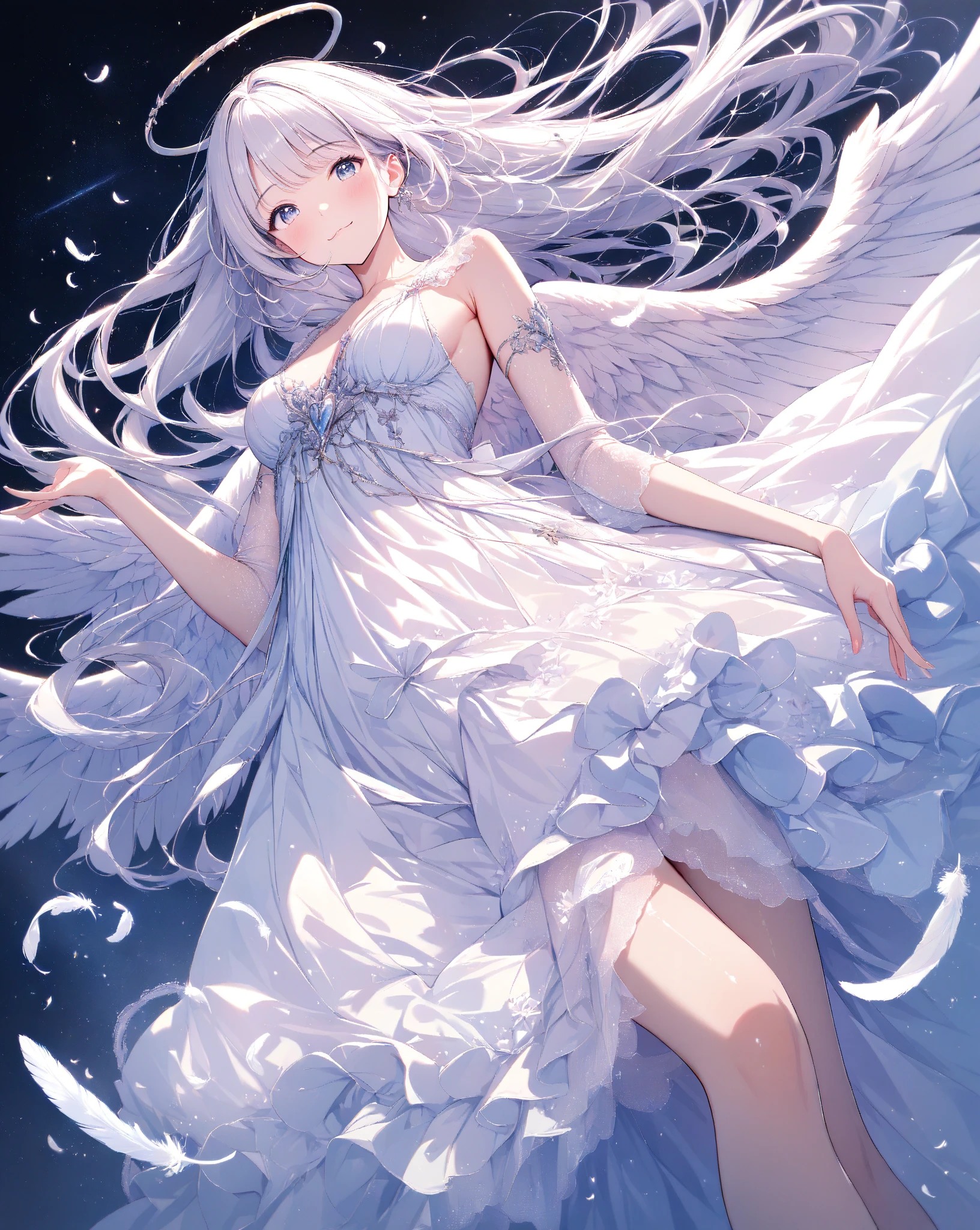 Female angel with big white wings, long straight dark brown hair, sky blue eyes wearing light white dress, face zoom