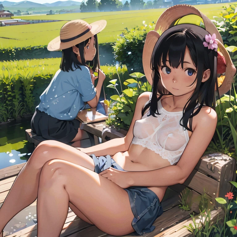 masterpiece, Highest quality, High resolution backgrounds, Bright and beautiful atmosphere, Two Girls (10 years old, 1. Short-tempered round face), 1 (hair, Surface Effects), Small breasts, Tropical Trees々Hammock in the middle、Overlooking the forest from a high hill、A hammock tied high up 、ハンモックで眠るTwo Girls, (topless)、(Lesbian play)、(Taking each other&#39;s pants off)、Eating fruit、kiss、(Show me your vagina)