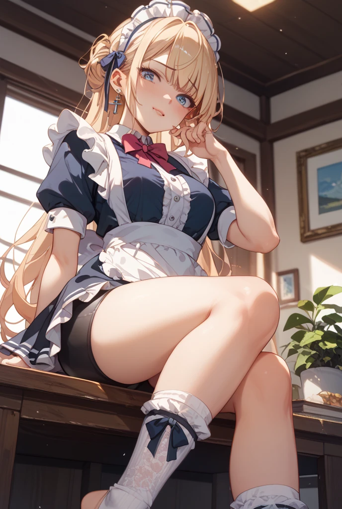 A 12-year-old girl with a cute Alice in Wonderland blonde wavy headband.、Sitting naked、She spreads her legs wide and shows her butt., anus,  and small nipples.。I do not wear underwear。Pose seen from below。are small。Pose that shows your anus。 and anus are spread。Spreading legs with both hands。take off the apron dress。。NFSW