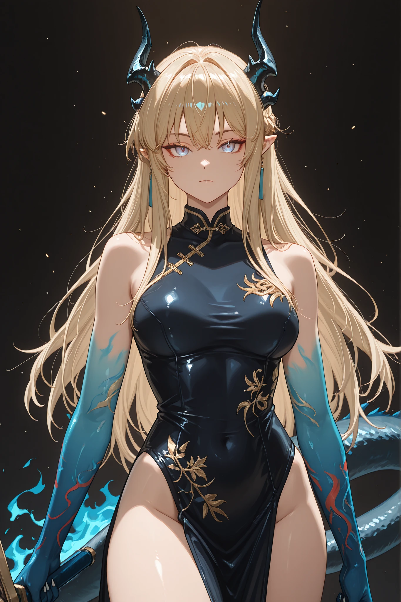 Solo, 1 girl, facing the viewer, blonde hair, hairstyle of Azuma Toki, face of Azuma Toki, blue eyes, long bangs, perfect anatomy, schoolgirl, black horns of Reed from "Arknights", long black horns, fierce face, blue dragon tail, blue flame on the tip of the tail, young girl, perfect body, young, sensual, perfect and beautiful face;
Black coat like "Dusk" from "Arknights", sensual black Chinese dress (vestido precisa ser preto), exposed arms, blue arms with black markings, hands with claws, blue hands with black markings;
Facing the viewer, face to face, black background, sensual pose, big butt, large breasts;
Wielding a giant sword of Nian from Arknights, gold details on the sword, giant sword design, blue blade;
Striking pose, shoulders and head exposed, close to the face, looking at the character, looking at the viewer, face to face, confident, cute expression;
Pay attention to the required colors, artwork, maximum resolution;
An image +18, one sexy image;