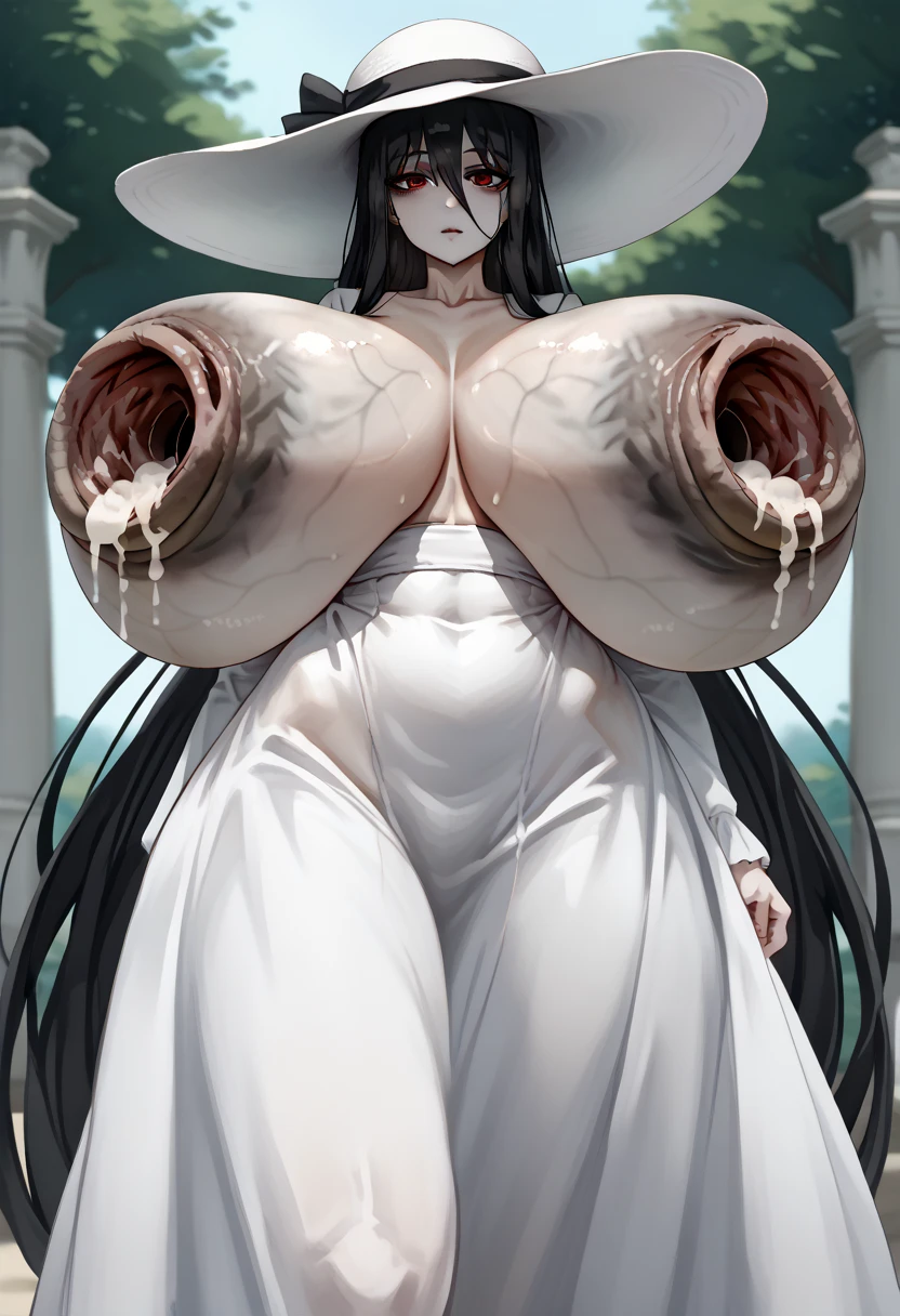 score_9, score_8_up, score_7_up, score_6_up, score_5_up, score_4_up, solo, abyssal necromancer lady, white hair, long fluffy side locks, hair tubes, big thick full lips, ((pouted lips)), ((mature woman)), milf, ((NSFW)), sexy, stoic face, gold bracelets and necklaces, ((body jewelry)), topless, (((hooded cloak))), tattered black cloak, (((pelvic black curtain))), ((blindfold)), sandals, ((((gigantic breasts)))), ((sagging breasts)), big nipples, wide hips, thick thighs, intricate details, detailed background, sharp focus, mist fog, gravestones, moon, spirits, ((spiritual aura)), dynamic, expressive, bleak world, both hands raised, looking at viewer, looking up at you, from above pov,