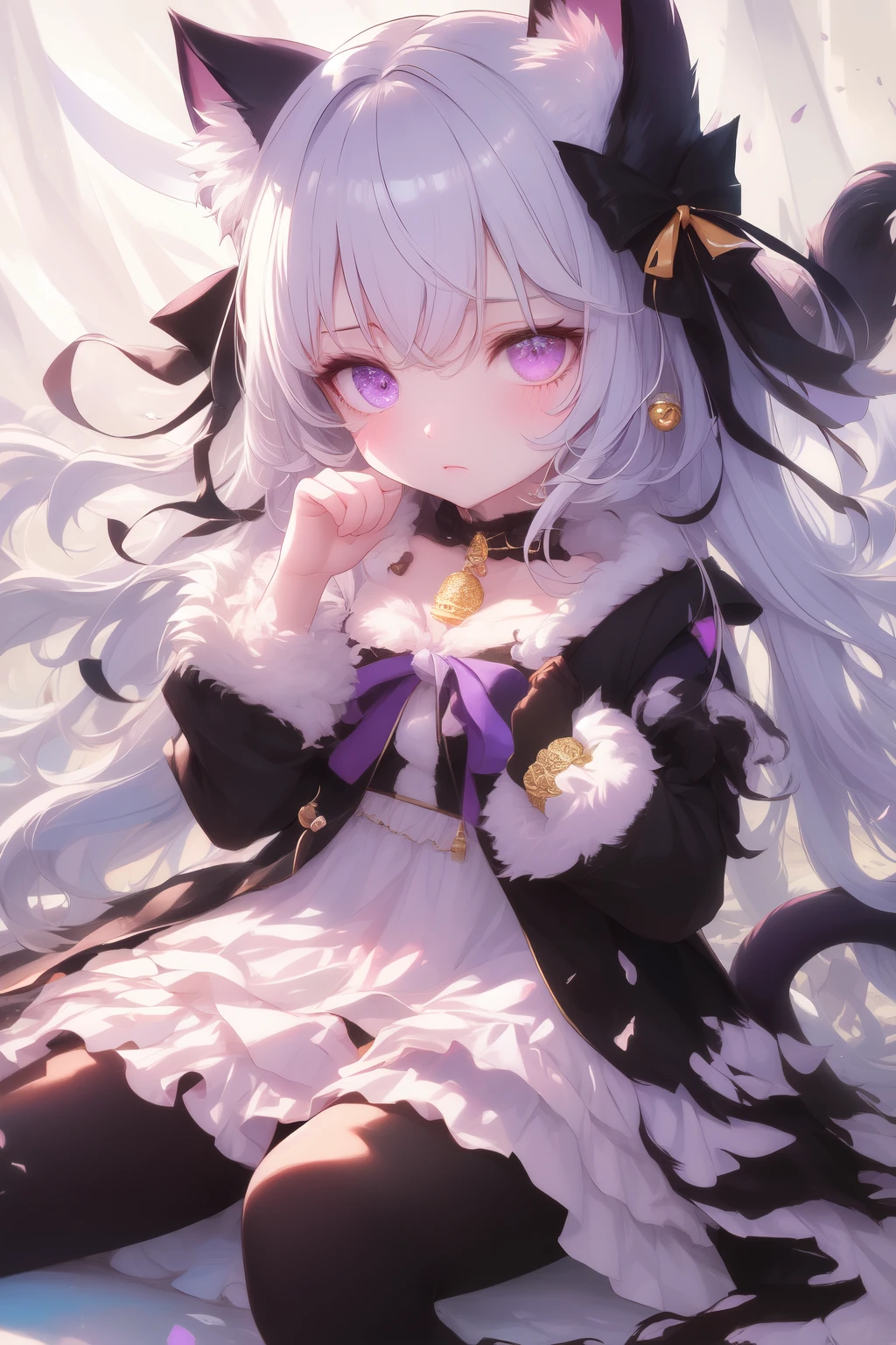 Cute chibi black cat, slightly messy fur, , big sad purple eyes, fluffy tail, wearing a torn ribbon with a little bell, sitting pose, soft pastel color tones, anime style, gentle and soft lighting, expressive face, emotional atmosphere,