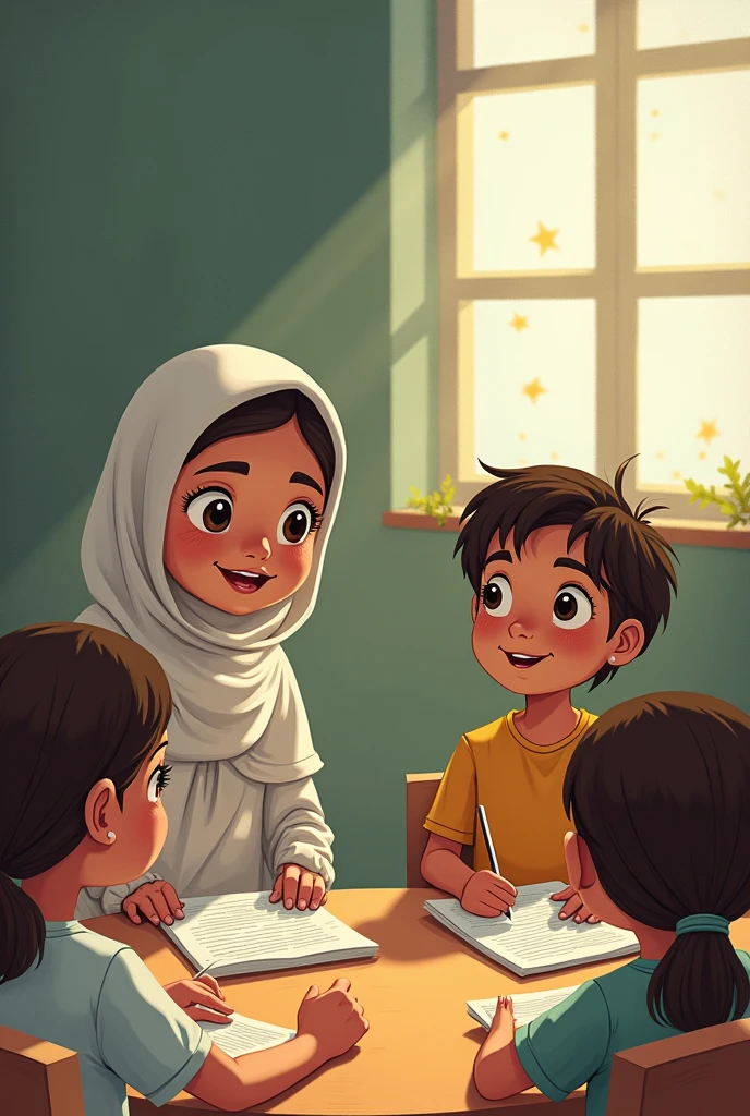 Pretty teacher playing with her preschool students, The teacher with black hijab on and honey-colored eyes