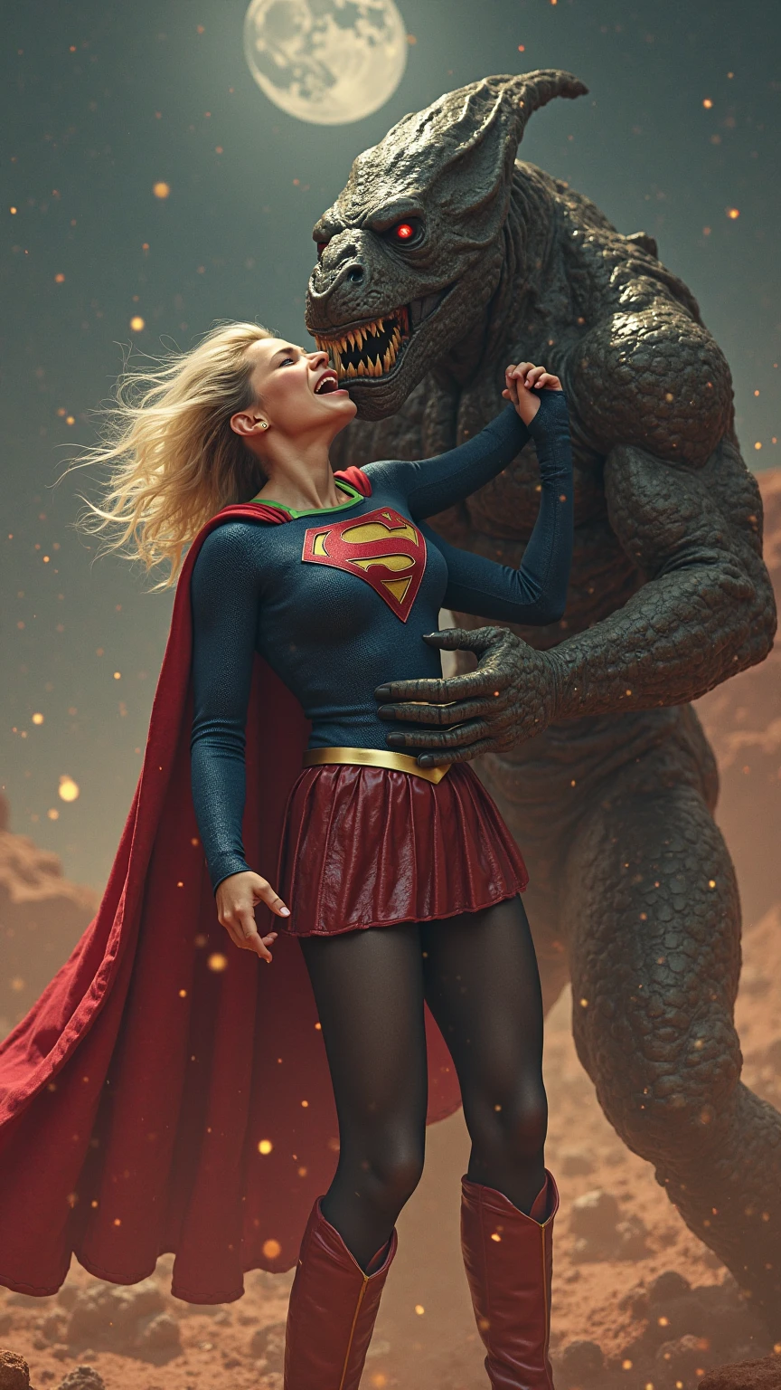 Supergirl holding and breaking the hand of a gigantic creature with only one finger with her clothes torn and frozen