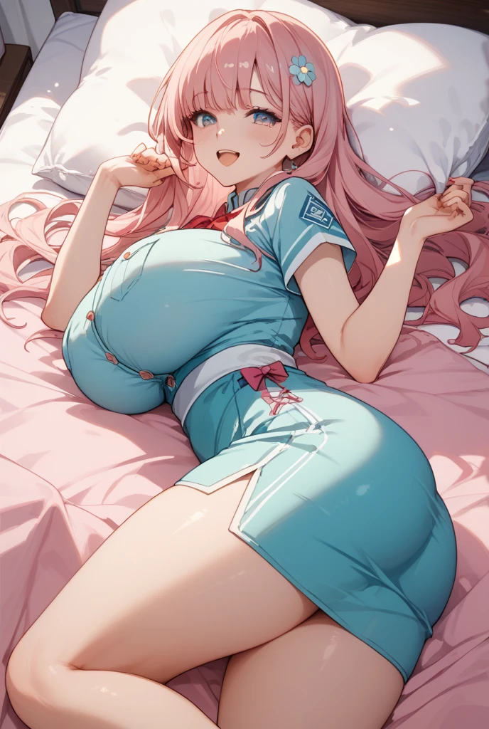 Female((25year old)), hair((wavy, blobde)), eyes((smart eyes, blue)), clothes((nightgown, pink)), classic bedroom, flower petals, lipgloss, gigantic breast, asian girl, laying down, laying on bed, hands up, smiling, nipple slip, nipple, pregnant, big belly,