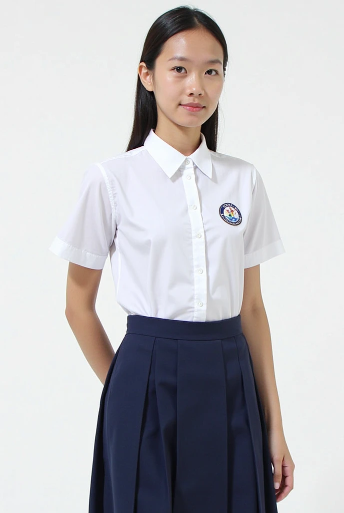 a short-sleeved white school shirt with a blue stripe in the middle, on the sleeves and on the bottom, a crest in the center and the central stripes should be 3 cm thick