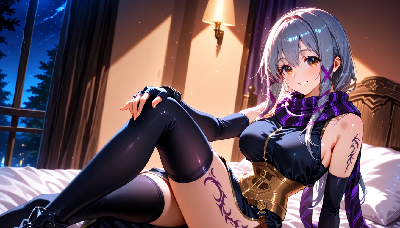 ((top quality, 8k, masterpiece: 1.3, ultra hd, high quality, best quality, high definition, realism)), sharp focus: 1.5, Beautiful girl with thin and skinny body, small breast, Nipples, purple hair, purple eye color with light gradations, Erotic face expression, Mouth open slightly, Both eyes closed slightly, Sweaty wet body, torn clothes, Small breasts, Abs, Erotic pose on a chair, bewitching thighs, Armpit, Cleavage, Camera angle from below shows her pubic, The pubic shape is clearly visible, Both legs opened wide showing her pubic, bewitching Thighs.